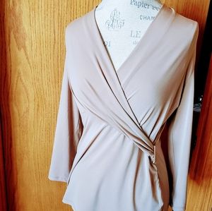 💚💚3/$10 Tan Faux Wrap w/ Gold Buckle Blouse